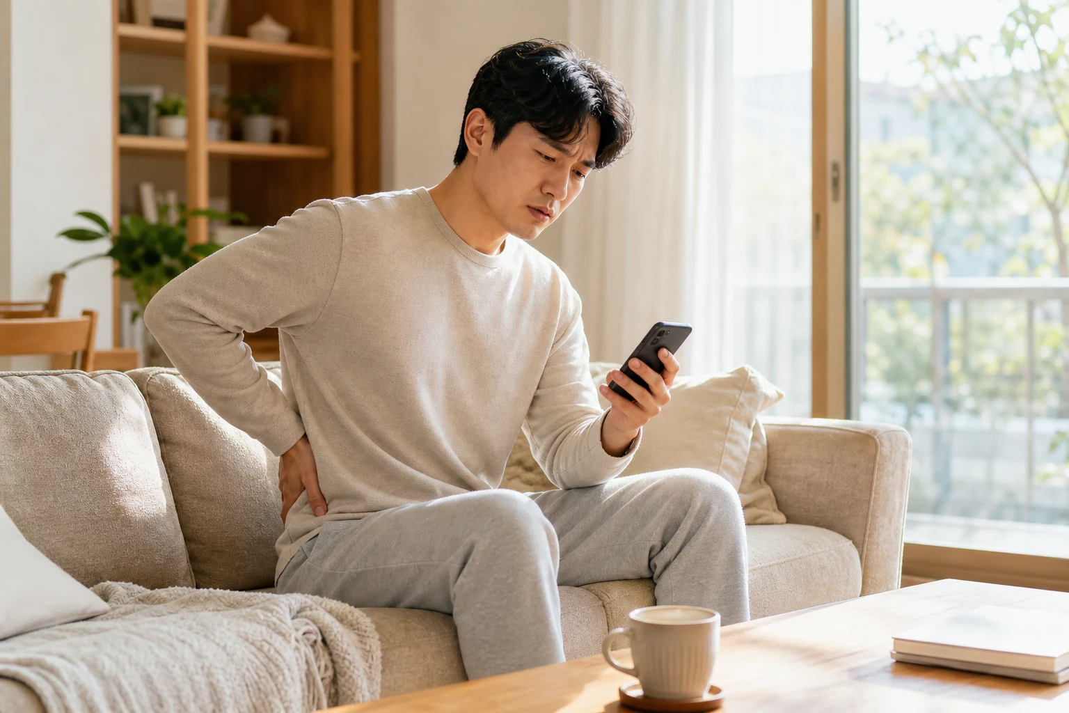 일요일 아침 스마트폰으로 진료 정보를 검색하는 모습